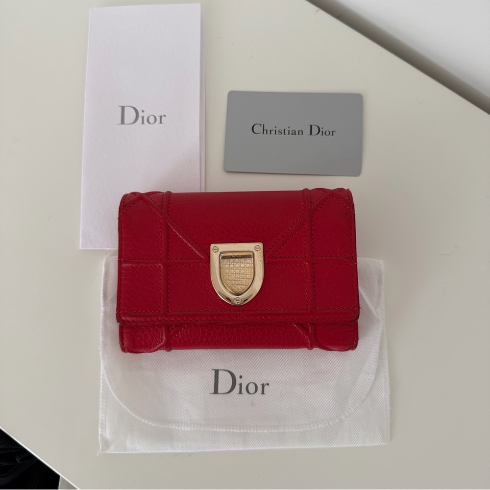 Dior Red Leather Compact Wallet with Gold Hardware
